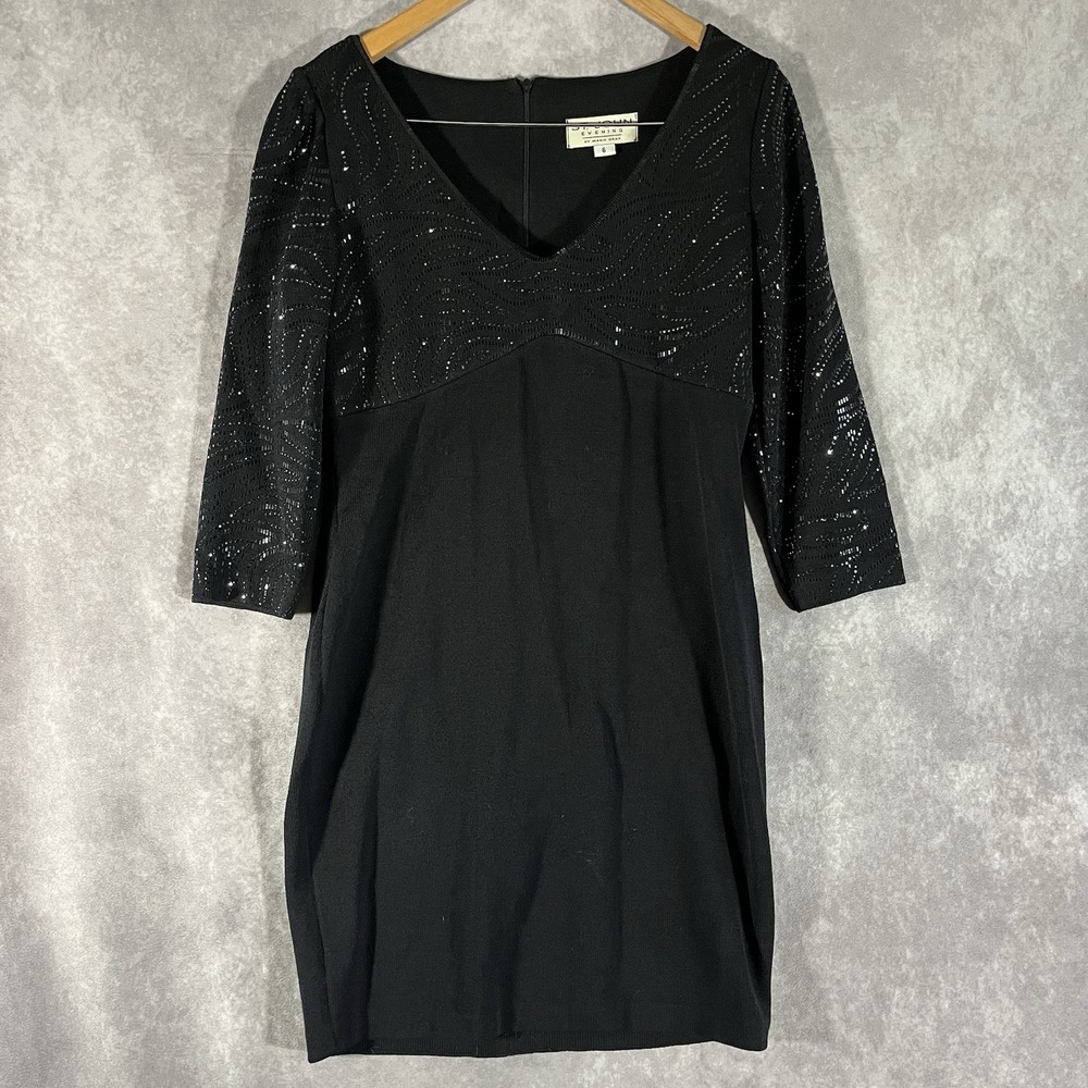 St. John Evening Dress Womens 6 Black Sequin Knit V-Neck 3/4 Sleeve Marie Gray